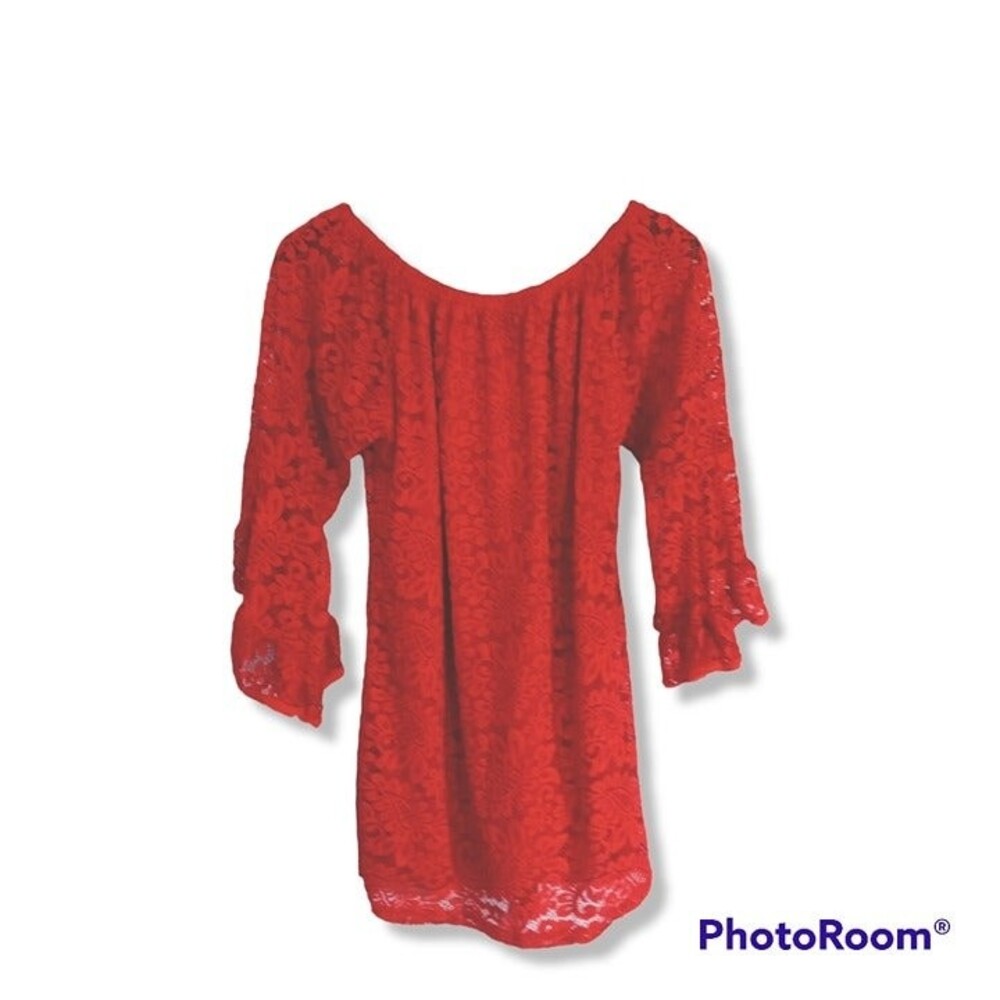 Win Win Medium Full Lace Tunic-Red-On/Off Shoulder -Bell Sleeves - Sheer Detail
